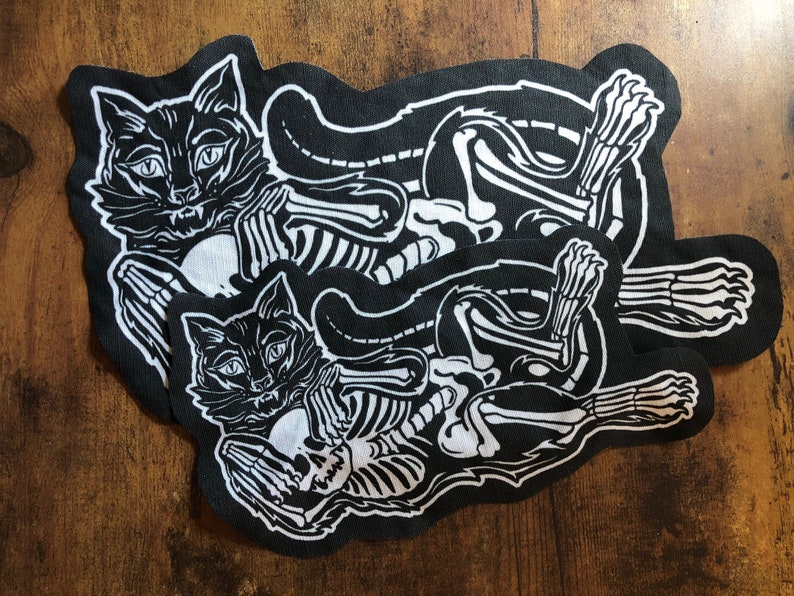 Black cat patch black and white Halloween feline skeleton fabric patch