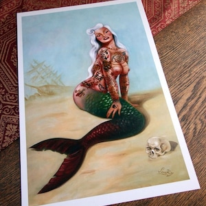 Sailors Grave vintage style mermaid pin up traditional tattoo poster print hawaiian - 11x 17  signed