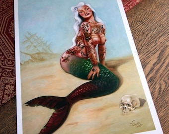 Sailors Grave Mermaid Tattoo Art Print – Vintage Pin Up Poster (11x17 Signed)