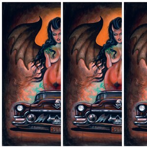 May include: A vintage car with a skull hood ornament and the number 666 on the license plate. A woman with devil horns and wings is standing on the car, looking at the viewer.
