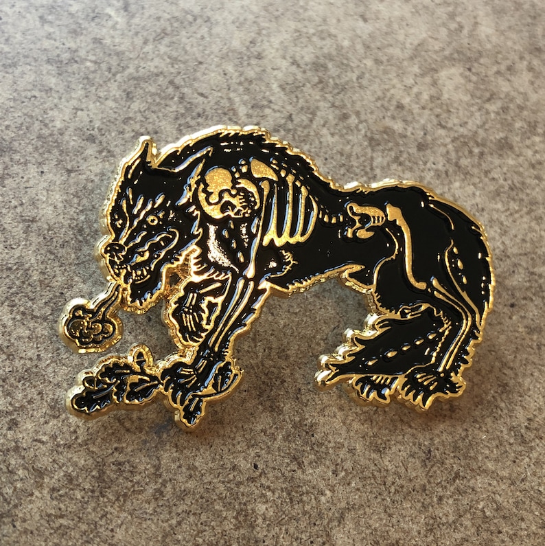 Werewolf Of The Woods enamel pin wolf within large metal skeleton pin with oak leaves spirit animal badge Halloween witch pagan image 2