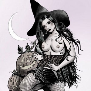 Halloween art "The Pumpkin Carver" cute adult witch print 8x10 ready for your haunted house Color or B/W