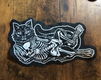 Black cat patch - black and white Halloween feline skeleton fabric patch