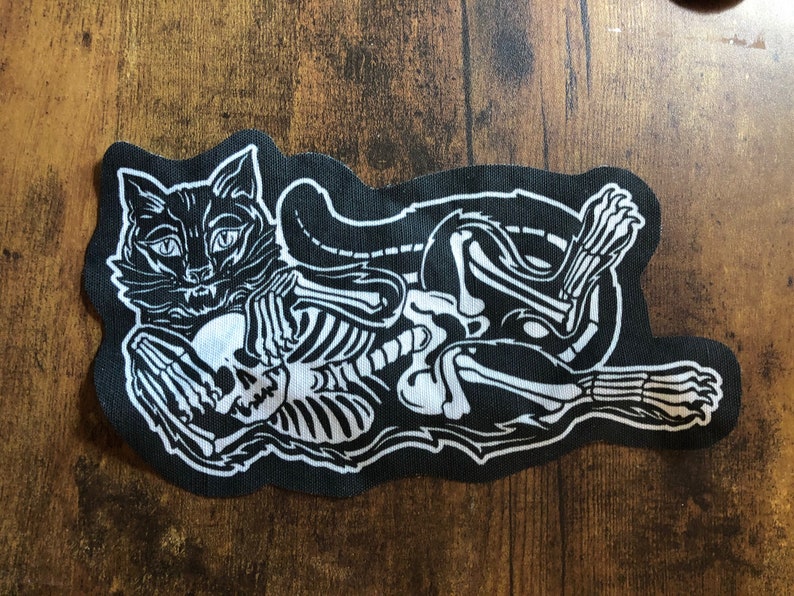Black cat patch black and white Halloween feline skeleton fabric patch Medium Cat Patch inches
