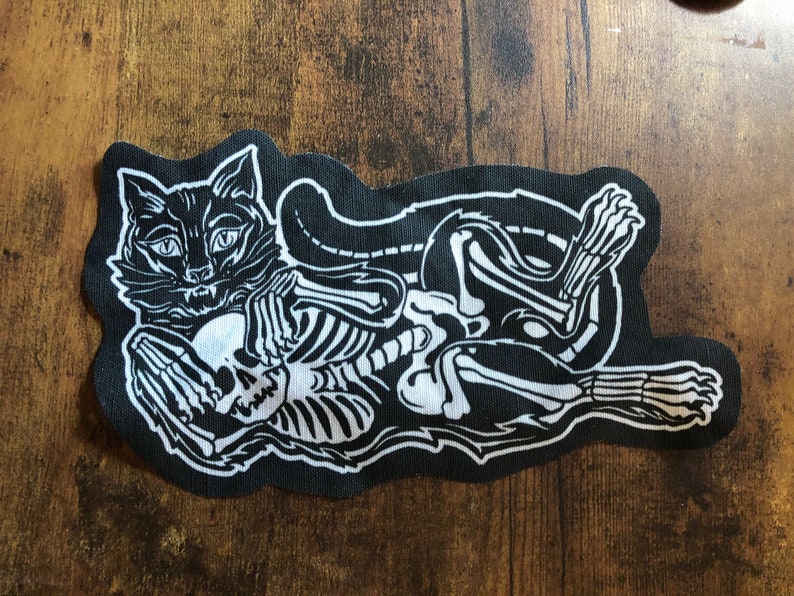 Black cat patch black and white Halloween feline skeleton fabric patch