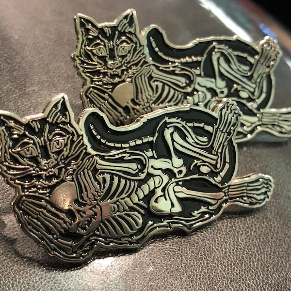 Halloween ghost cat skeleton werecat gothic black and silver enamel metal Halloween kitty cat pin