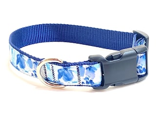 Floral Watercolor Dog Collar - Blue Flowers Dog leash - Designer Dog Leash - Small Medium Large Dog