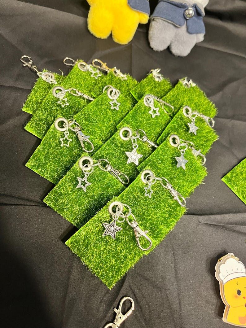 Puede incluir: Llaveros con colgante de estrella plateada exhibidos sobre peque&ntilde;os cuadrados de c&eacute;sped artificial verde. Cada llavero tiene un cierre de mosquet&oacute;n y un dije en forma de estrella. Los llaveros est&aacute;n dispuestos sobre una superficie negra.