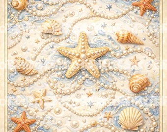 May include: A square, decorative image featuring a beach theme. The image includes various seashells, starfish, and strings of pearls. The color palette consists of beige, white, and light blue, creating a serene and coastal aesthetic.