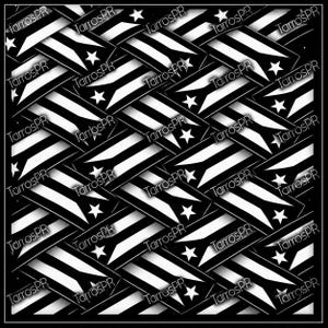 May include: Black and white repeating pattern featuring the Puerto Rican flag. The design includes the flag's stripes and star, with the text "TarrosPR" overlaid. The pattern is set against a black background.