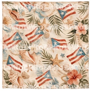 May include: A square fabric with a tropical design featuring the Puerto Rican flag, seashells, starfish, and hibiscus flowers. The background has a light beige color with palm leaves and pearl strands.