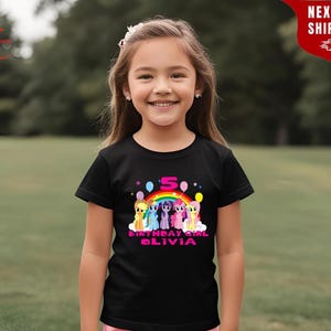 Birthday Girl Shirt, Little Pony Theme Party shirt, Colorful Character Print Tee, Gift for Kids and Adults, Custom Name Birthday Shirt