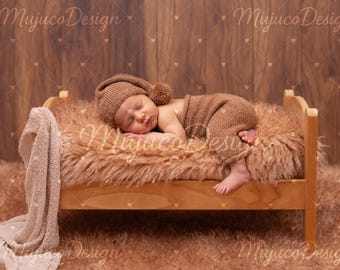 4 Newborn Digital Backdrops, Rustic Wooden Bed with Brown Fluffy Fur, Baby Photography Background Bundle, Top View Scene, NO AI, 300 DPI