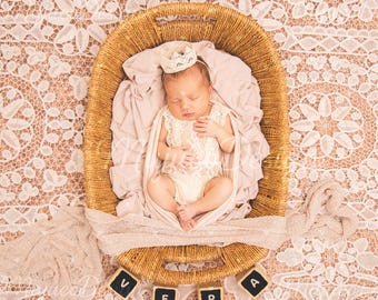 Wicker Basket Newborn Digital Backdrop, Vintage Lace Floor, Birth Announcement Top View, Wooden Blocks & Crown Prop, NO AI, 300 DPI