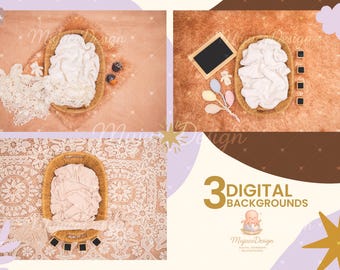 3 Newborn Digital Backdrops Bundle, Wicker Basket on Lace & Fur, Warm Beige Top View Baby Composite, Birth Announcement Set, NO AI, 300 DPI