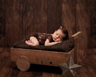 4 Newborn Digital Backdrops, Wooden Wheelbarrow Prop, Christmas and Star Decor, Dark Wood Baby Background, Top and Side View, NO AI