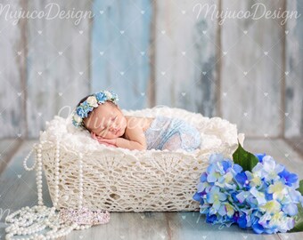 2 Newborn Digital Backdrops, Lace Basket with Blue Flowers, Rustic Wood Floor, Bright and Dark Moody Set, NO AI, 300 DPI, High Res