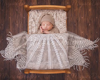 4 Newborn Digital Backdrops, Wooden Bed with Vintage Lace Layers, Dark Wood Baby Background, Front and Top View Composite, NO AI, 300 DPI
