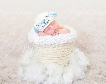 Cream Rope Basket Newborn Digital Backdrop, Dreamy Cloud Layer and Neutral Fur Baby Background, Angelic Style Composite, NO AI, 300 DPI