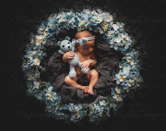 2 Blue Floral Wreath Newborn Digital Backdrops, Dark Fur and Rustic Wood Floor Baby Background, Top View Composite, NO AI, 300 DPI