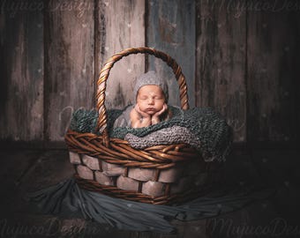 4 Newborn Digital Backdrops, Rustic Basket, Teal Knit Layers, Boho Wood Studio Baby Composite, NO AI, 300 DPI, High Res Bundle
