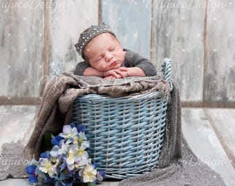 3 Newborn Digital Backdrops, Blue Wicker Basket with Knit Layers, Rustic Wood Floor Baby Background, Top View & Wide Angle, NO AI, 300 DPI