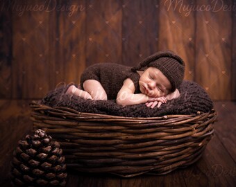2 Newborn Digital Backdrops, Brown Wicker Basket with Pine Cone, Rustic Wood Baby Photography Background, Top & Side View, NO AI, 300 DPI