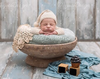 Rattan Basket Newborn Digital Backdrop, Blue Rustic Wood Floor, Baby Photography Background, Lace & Knit Prop, NO AI, 300 DPI