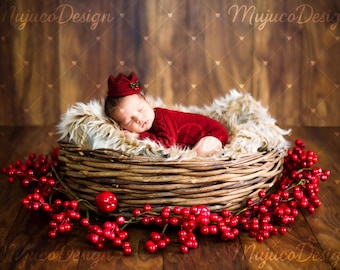 2 Christmas Newborn Digital Backdrops, Wicker Basket with Red Berries, Rustic Holiday Baby Background, Top & Side View, NO AI, 300 DPI