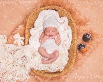 Wicker Basket Newborn Digital Backdrop, Warm Peach Flat Lay, Top View Baby Photography Background, Teddy Bear & Lace Prop, NO AI, 300 DPI
