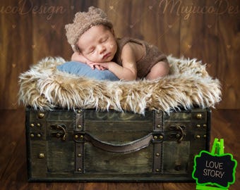 Vintage Wooden Chest Newborn Digital Backdrop, Soft Fur & Rustic Wood Floor, Studio Baby Photography Background, NO AI, 300 DPI