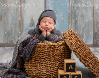 2 Newborn Digital Backdrops Bundle, Wicker Basket with Knit Layers, Blue Wood Floor Baby Photography Background, NO AI, 300 DPI