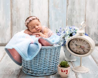 Blue Wicker Basket Newborn Digital Backdrop, Vintage Clock & Florals, Pastel Blue Baby Background with Vintage Blanket, NO AI, 300 DPI