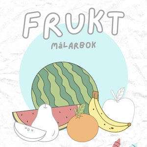 Puede incluir: Un libro para colorear con el título "FRUKT MÅLARBOK" que presenta una sandía, una pera, una naranja, un plátano y una manzana. El libro incluye dos lápices de colores.