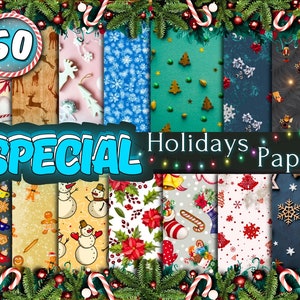 Può includere: Un collage di 50 design di carta digitale con vari temi festivi, tra cui alberi di Natale, pupazzi di neve, omini di pan di zenzero e bastoncini di zucchero. Il testo "SPECIAL Holidays Paper" è visualizzato su uno striscione blu.