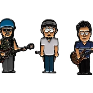 May include: Three cartoon character enamel pins, each wearing a different outfit and holding a guitar. The characters are wearing blue, white, and green clothing. The guitars are black, brown, and red.
