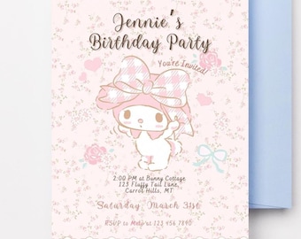 Invitación de cumpleaños de conejita kawaii: Diseño floral coqueto para niña (Plantilla editable de Canva)