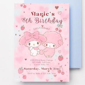 Kawaii Bunny Invitation Template, Digital Editable Kitty Hello Invitation Birthday, Instant Download, Sparkly Invite, Cotton Candy Theme