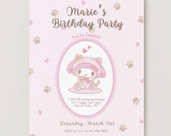 Plantilla de invitación de cumpleaños de conejito kawaii: Diseño editable de gatito rosa (descarga digital)