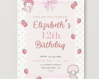 Invitación de cumpleaños de conejito kawaii: Plantilla de Canva "Coqueta de fresa" (Descarga digital)