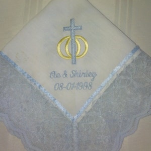 Custom Wedding Handkerchief, Personalized Wedding Handkerchief, Bride&#39;s Something Blue Lace Wedding Handkerchief, Embroidered Handkerchief
