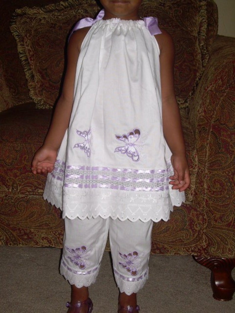 Clearance Sample Sale Ready to Ship Flower Girl Pillowcase Dress Capri Pants Wedding Heirloom White Beach Photo Lavender Size 24mo 2t 3t