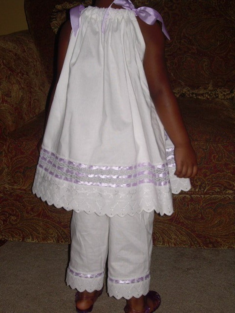 Clearance Sample Sale Ready to Ship Flower Girl Pillowcase Dress Capri Pants Wedding Heirloom White Beach Photo Lavender Size 24mo 2t 3t