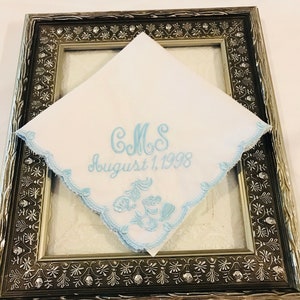 Bridal Something Blue Wedding Handkerchief, Personalized Embroidered Initial Wedding Handkerchief, Scallop Border Wedding Handkerchief
