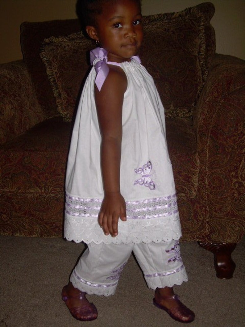 Clearance Sample Sale Ready to Ship Flower Girl Pillowcase Dress Capri Pants Wedding Heirloom White Beach Photo Lavender Size 24mo 2t 3t