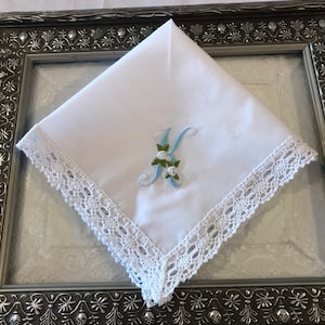 Bride&#39;s Something Blue Lace Handkerchief, Personalized Wedding Handkerchief, Custom Wedding Handkerchief, Monogrammed Initial Handkerchief