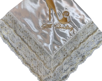 White Satin Church Lap Scarf with Matching Lace Trim, First Lady Church Lap Scarf, White and Gold Lace Trim Lap Cover,  Ready to Ship As Is