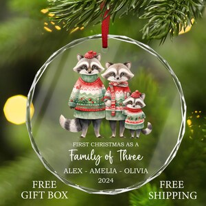 2024 Family of Three Glass Christmas Ornament - Custom Family Keepsake - Personalized Glass Ornament - Free Gift Box