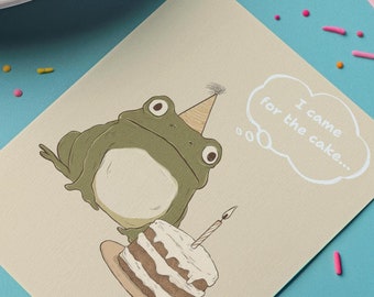 Je suis venu pour le gâteau... Carte postale d'anniversaire drôle de grenouille - Humour d'anniversaire original pour les amateurs de grenouille - Carte de voeux de gâteau d'anniversaire, carte pour amis
