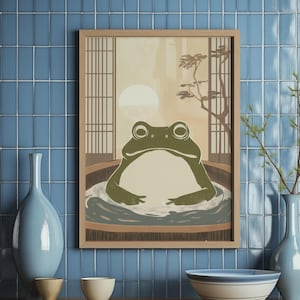 Grillige kikker bubbelbadkunstprint – Ontspannend spadecor voor badkamer, speelse dierenmuurkunst voor zen-ruimtes